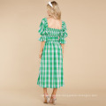 Casual Wear Puff Sleeve Plaid Smocked Midi Dress